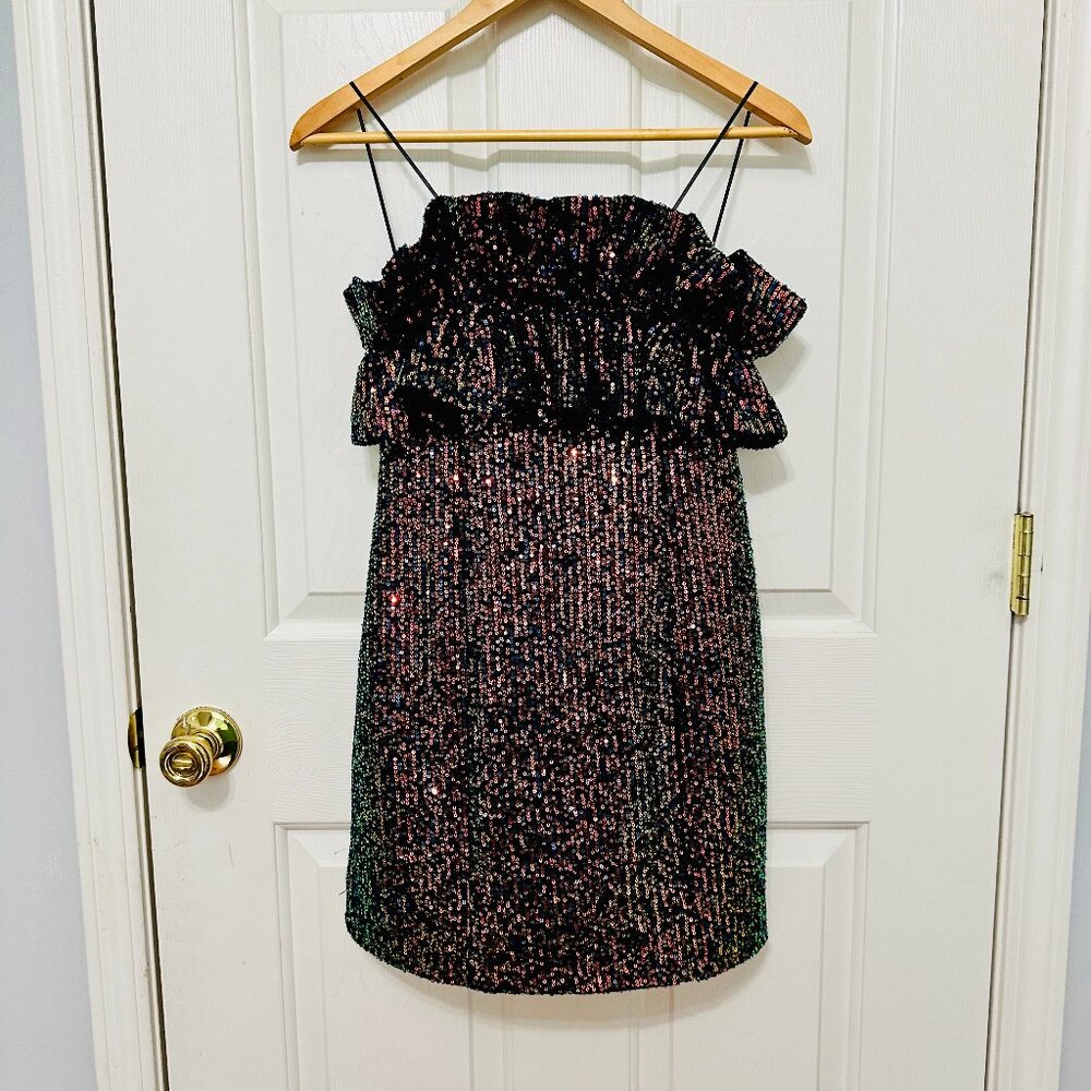 THIRTY / THIRTY IRIDESCENT METALLIC SEQUINS RUFFLE BODICE COCKTAIL DRESS